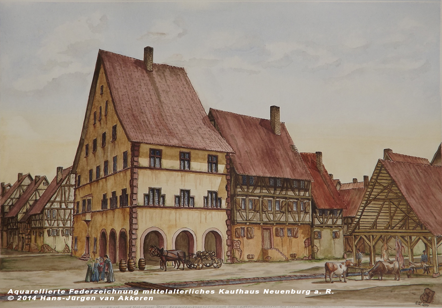 a_Mittelalterliches_Kaufhaus_Neuenburg_am_Rhein_-_aquarellierte_Federzeichung_H-J_van_Akkeren_2014